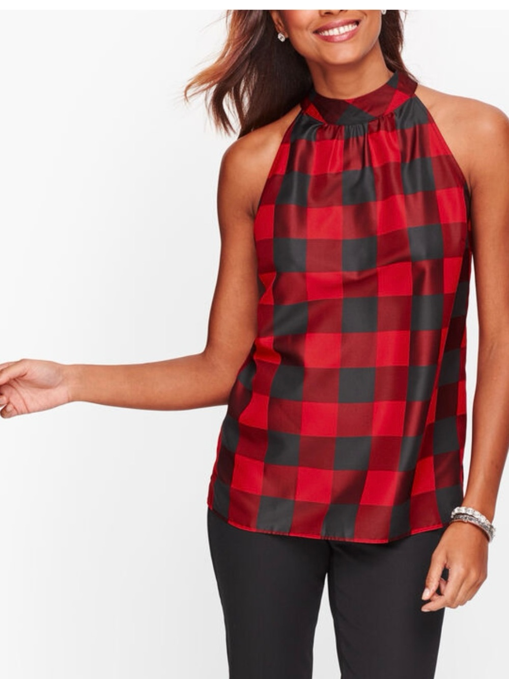 Talbots Red and Black Buffalo Check Halter Top Tie Neck